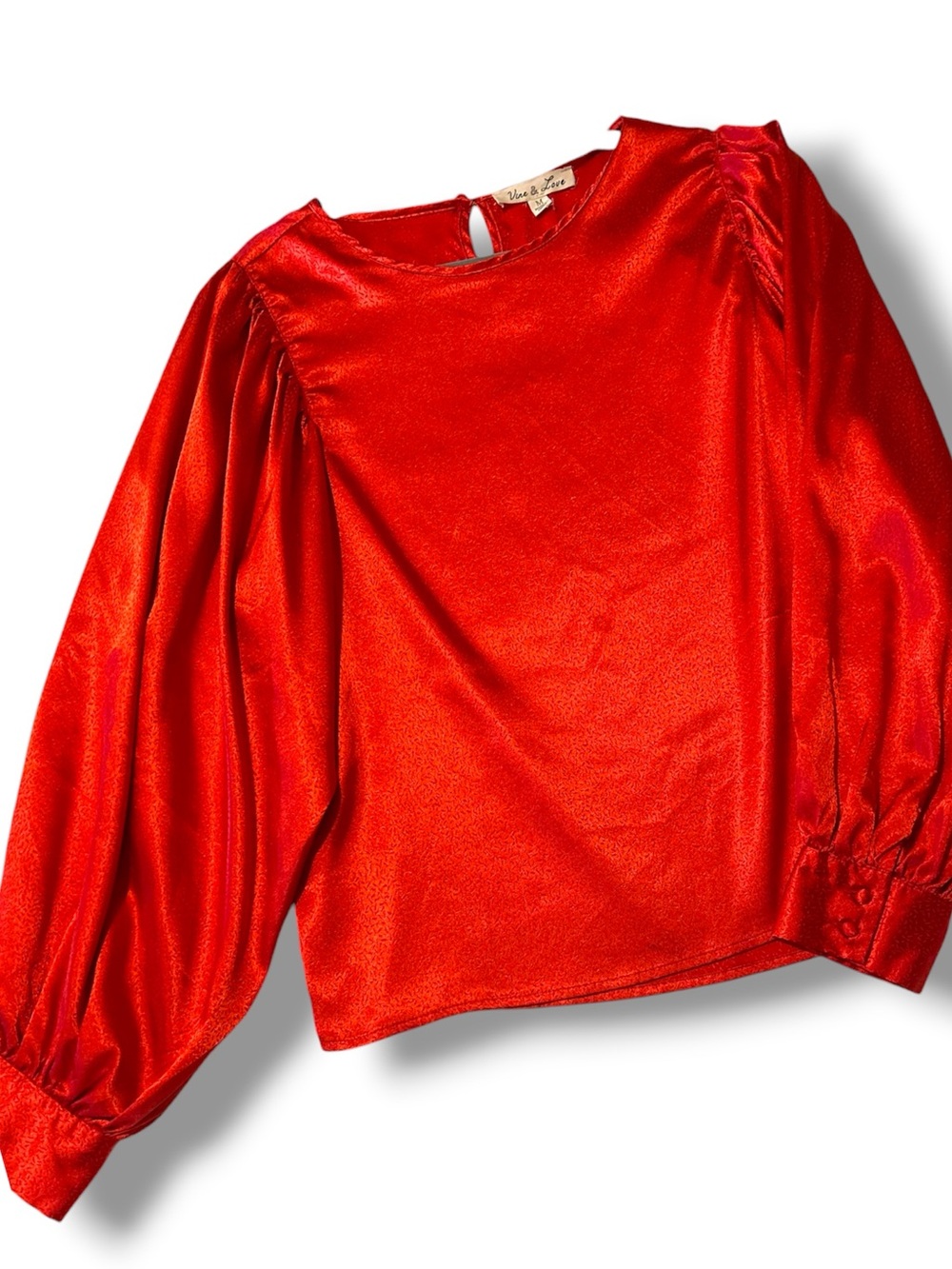 🎀 Vine & Love Red Satin Puff-Sleeve Blouse